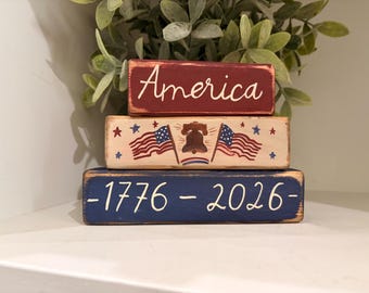 America 1776 - 2026 Patriotic Wood Block Set | American Flag| Hand Painted Distressed Tiered Tray Americana Decor | Rustic Decor