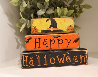 Rustic Happy Halloween Witch Hat Tiered Tray Decor | Farmhouse Shelf Sitter | Hand Painted Stacking Wood Blocks | Spooky Fall Home Decor