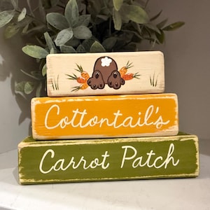 May include: Three stacked wooden blocks with Easter-themed designs. The top block features a bunny's rear and carrots. The middle block says "Cottontail's" in white script on an orange background. The bottom block says "Carrot Patch" on a green background.