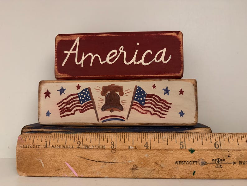 America 1776 - 2026 Patriotic Wood Block Set | American Flag| Hand Painted Distressed Tiered Tray Americana Decor | Rustic Decor image 4