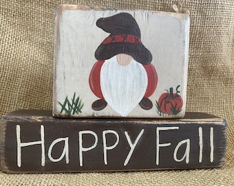 Hand Painted Distressed Fall Gnome with Pumpkin Happy  Fall  2 piece Stacking Tiered Tray Shelf Sitter Wood Block Set