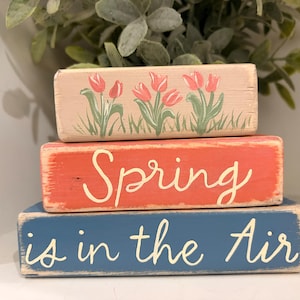 May include: Three stacked wooden blocks with spring-themed designs. The top block is painted beige with pink tulips. The middle block is coral with the word "Spring". The bottom block is blue with "is in the Air".