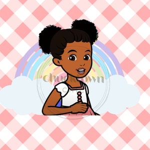 May include: A cartoon illustration of a young girl with brown skin and dark brown hair in pigtails. She is wearing a white and pink dress and is smiling. The background is a pink and white checkered pattern with a rainbow and clouds.