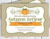 Printable Baby Shower Invitation Fall Pumpkin Patch Rustic Country Wood Flourish Ribbon PNG JPG