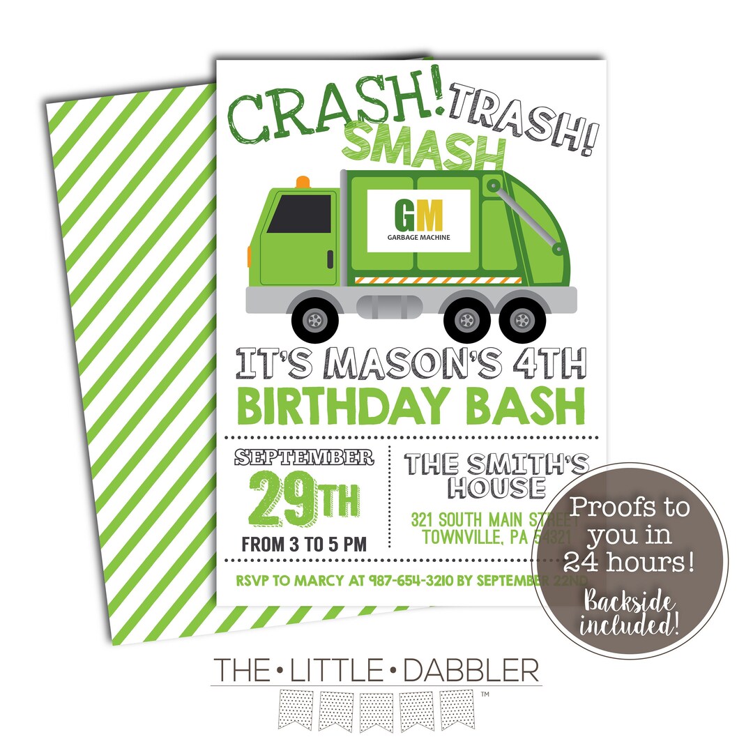 Printable Garbage Truck Birthday Party Invitation Recycling - Etsy