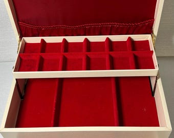 Vintage Beige Jewelry Box Red Velvet lined