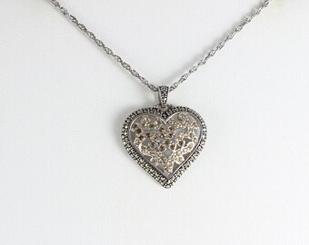 Sterling Silver Heart Marcasite and Yellow CZ Necklace 24 inch chain