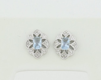 10k White Gold Natural Aquamarine & Diamond Earrings Stud Post