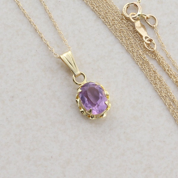 14k Yellow Gold Natural Amethyst Necklace 18" inch Chain