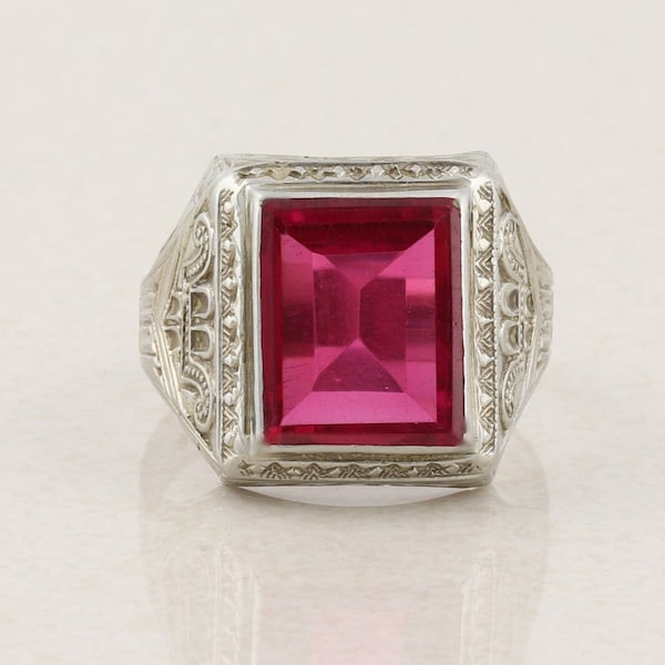 Mens 10k White Gold Lab Created Ruby Ring Art Deco  size 9 1/2