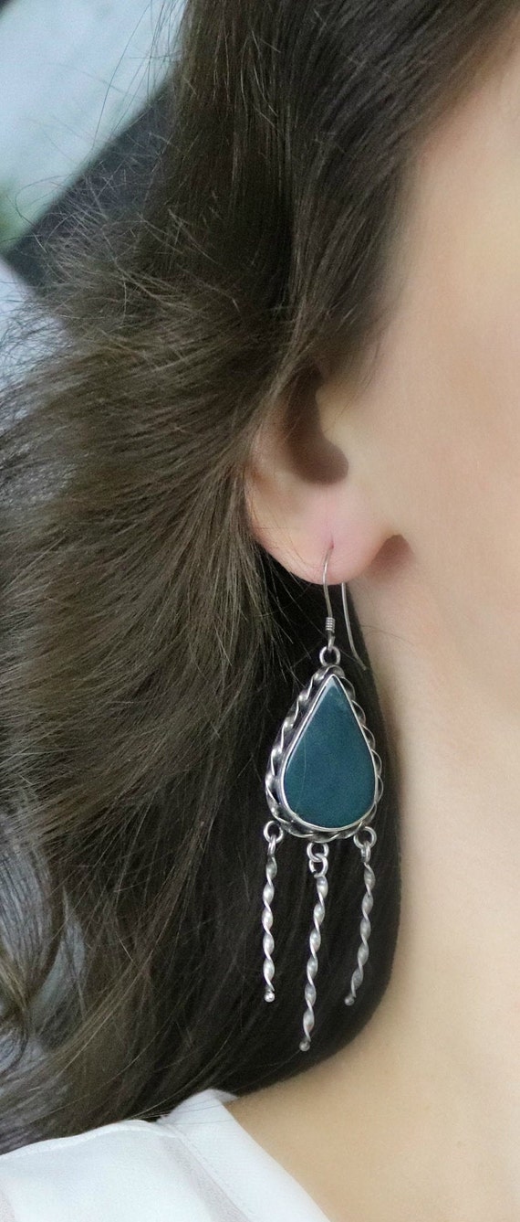 Sterling Silver Green Onyx Dangle Drop Earrings - image 3