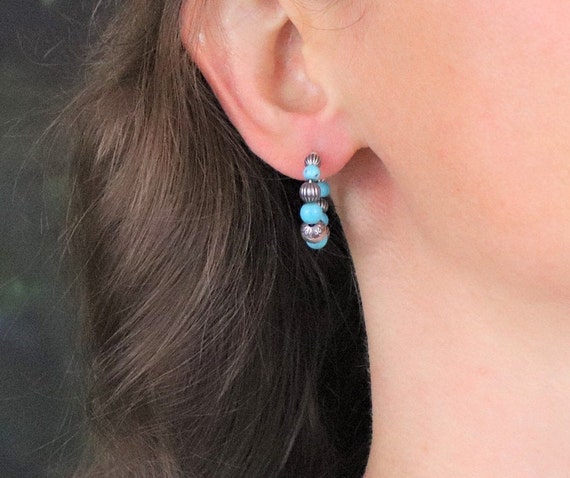 Sterling Silver Created Turquoise Bead Hoop Earri… - image 2