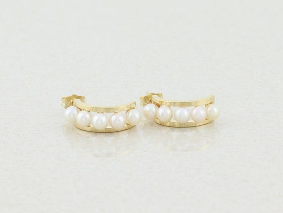 14k Yellow Gold Seed Pearl Earrings Half Hoop Earr