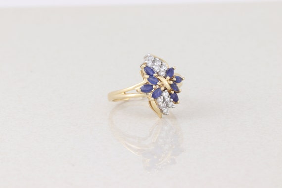 14k Yellow Gold Blue Sapphire Diamond Ring Size 7 - image 5
