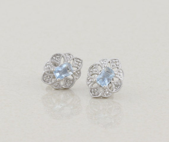10k White Gold Natural Aquamarine & Diamond Earri… - image 3
