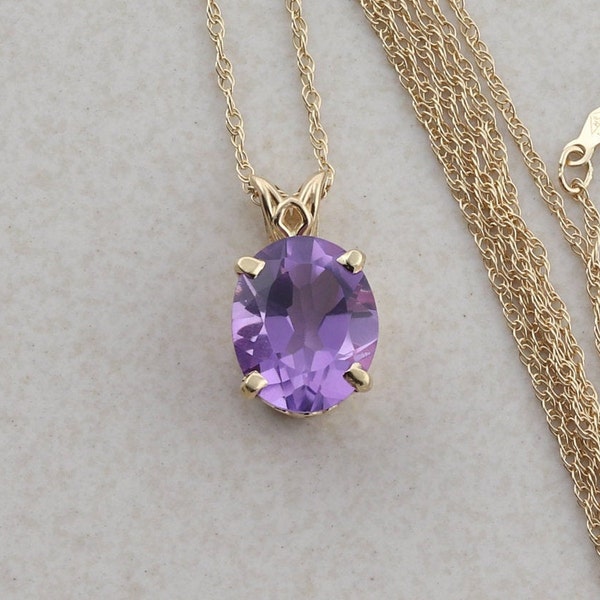 14k Yellow Gold Natural Purple Amethyst Necklace 18" Chain