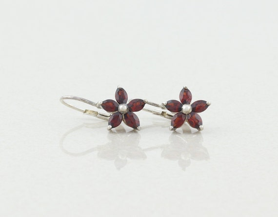 Sterling Silver Garnet Flower Earrings Dangle Drop