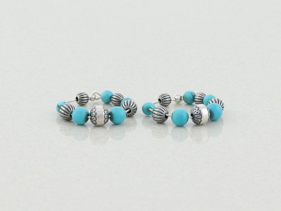Sterling Silver Created Turquoise Bead Hoop Earri… - image 1