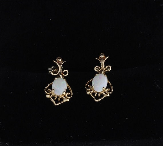 14k Yellow Gold Natural Opal Dangle Drop Earrings - image 1