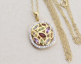 Gold over Sterling Silver Garnet, Citrine, Amethyst, Peridot, Cz Necklace 17.5 inch chain