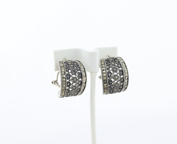 Sterling Silver Large Marcasite Earrings Hoop Ear… - image 4