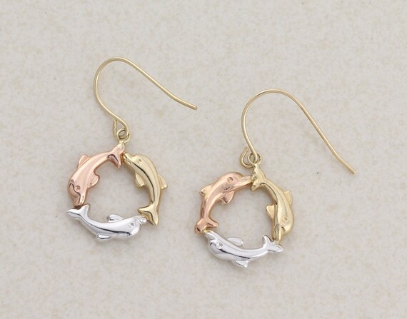 10k Yellow Gold White Gold Rose Gold Dolphin Earr… - image 7