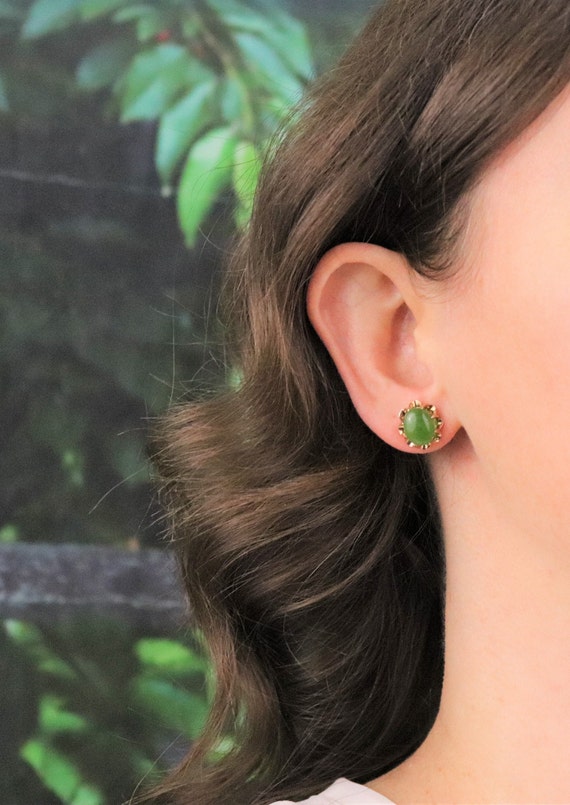 10k Yellow Gold Natural Jade Earrings Stud Post E… - image 2