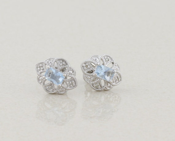 10k White Gold Natural Aquamarine & Diamond Earri… - image 7