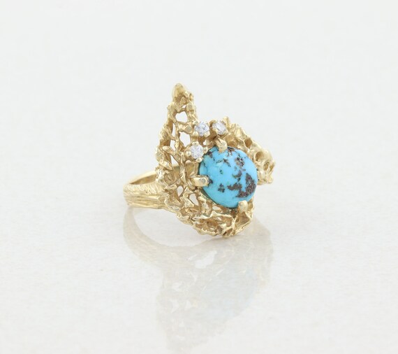 14k Yellow Gold Natural Turquoise and Diamond Rin… - image 4