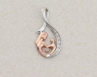 Pendant Only 10k White Gold & Rose Gold Diamond Mother Child Pendant