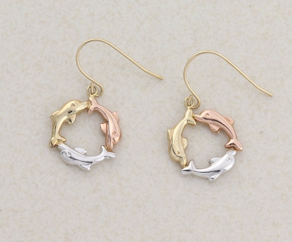 10k Yellow Gold White Gold Rose Gold Dolphin Earr… - image 3