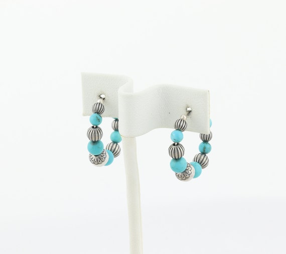 Sterling Silver Created Turquoise Bead Hoop Earri… - image 6