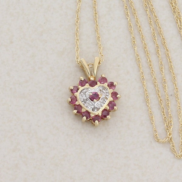 10K Yellow Gold Natural Ruby and Diamond Heart Necklace 18" Chain