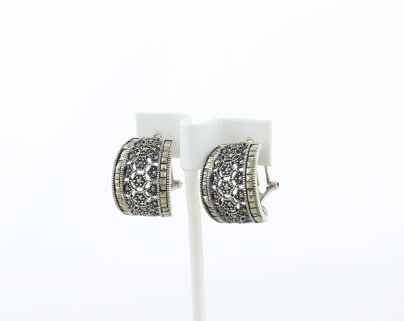 Sterling Silver Large Marcasite Earrings Hoop Ear… - image 5
