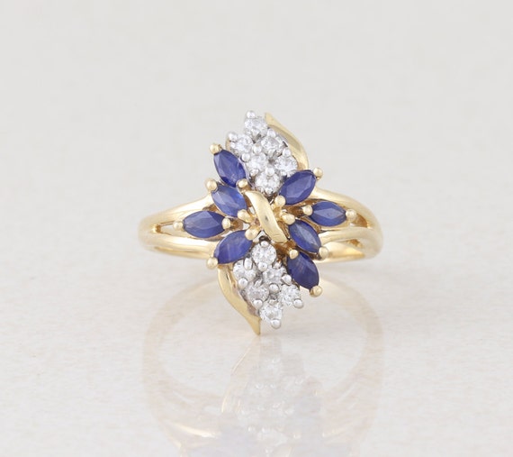 14k Yellow Gold Blue Sapphire Diamond Ring Size 7 - image 1