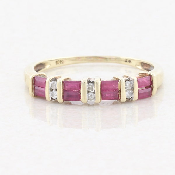 10k Yellow Gold Natural Ruby and Diamond Band Ring Size 7 3/4