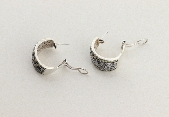 Sterling Silver Large Marcasite Earrings Hoop Ear… - image 10