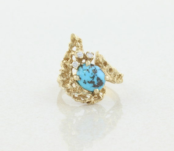 14k Yellow Gold Natural Turquoise and Diamond Rin… - image 1