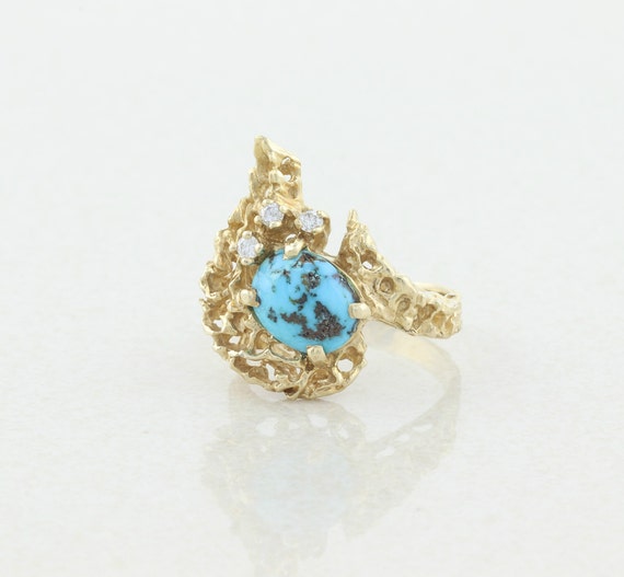 14k Yellow Gold Natural Turquoise and Diamond Rin… - image 5