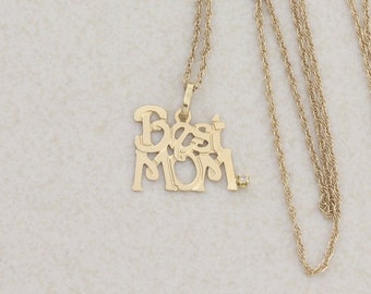 14k Yellow Gold Best Mom Diamond Necklace 18" Chain