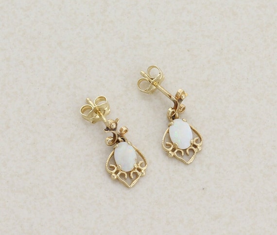 14k Yellow Gold Natural Opal Dangle Drop Earrings - image 5
