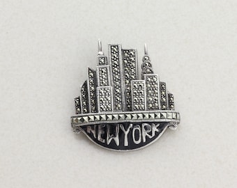 Sterling Silver New York Marcasite Pin Brooch