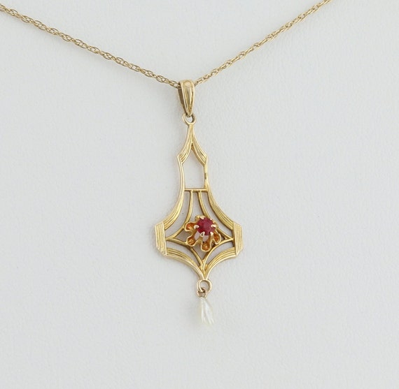 10k Yellow Gold Red Cubic Zirconia and Seed Pearl… - image 3