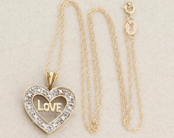 10K Yellow Gold Diamond Love Heart Heart  Necklace 18" Chain