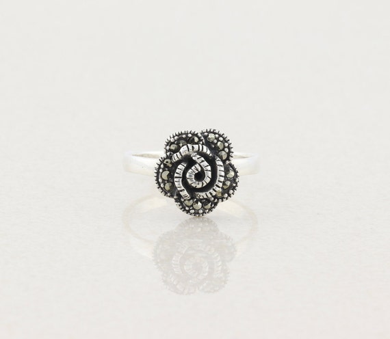 Sterling Silver Marcasite Flower Ring Size 8 - image 1