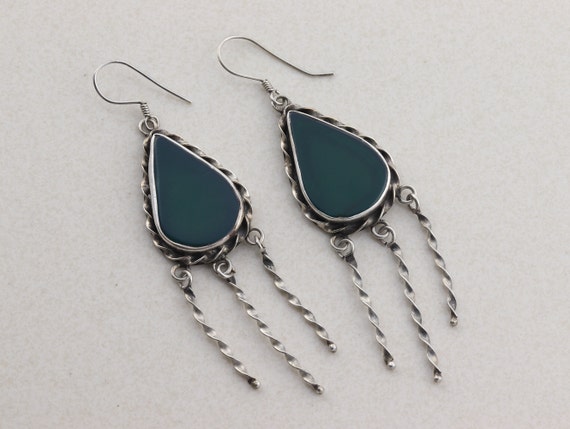 Sterling Silver Green Onyx Dangle Drop Earrings - image 5