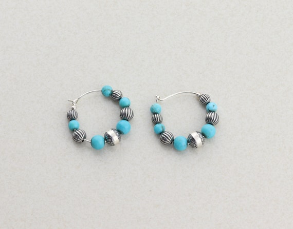 Sterling Silver Created Turquoise Bead Hoop Earri… - image 7