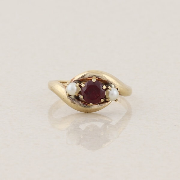 10k Yellow Gold Lab Created Ruby and Seed Pearl Ring Size 6 Antique Ostby & Barton