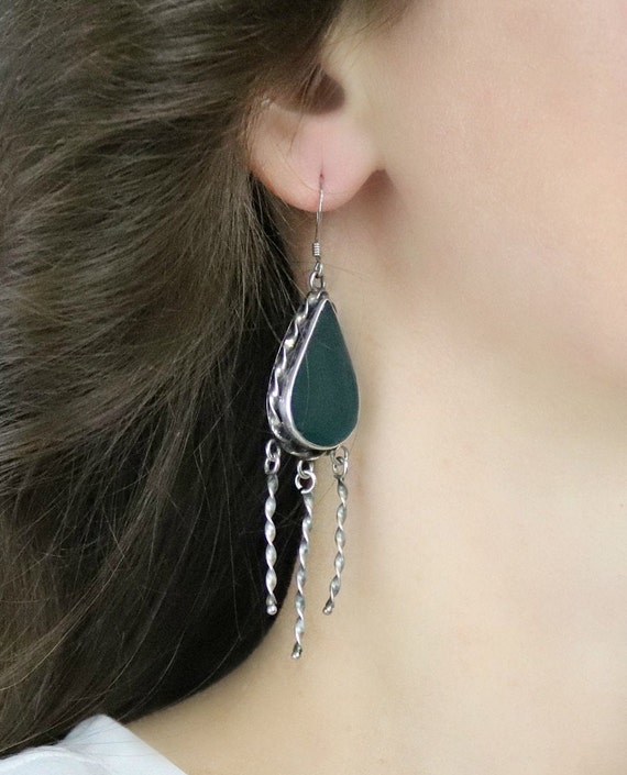 Sterling Silver Green Onyx Dangle Drop Earrings - image 2