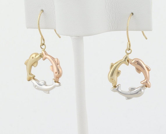 10k Yellow Gold White Gold Rose Gold Dolphin Earr… - image 1